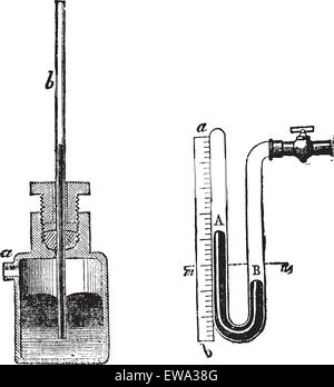 Manometer, vintage engraving. Old engraved illustration of Manometer isolated on a white background. Stock Vector
