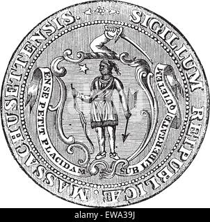 Great Seal of the Commonwealth of Massachusetts or the Seal of the Republic of Massachusetts, United States, vintage engraving. Stock Vector