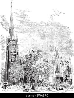 Trinity Cathedral in Newark, New Jersey, USA, vintage engraved illustration. Trousset encyclopedia (1886 - 1891). Stock Vector
