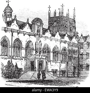 University of Oxford or Oxford University in Oxford, England, during the 1890s, vintage engraving. Old engraved illustration of Stock Vector