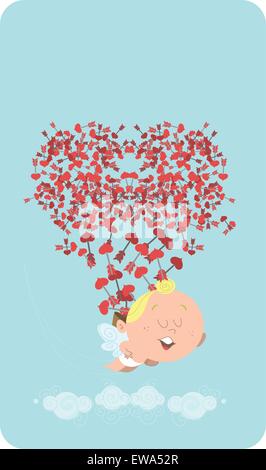 Cute flying cupid, losing his back of heart arrows in the sky, who themselves are forming a heart. Great for Valentine's Day Stock Vector