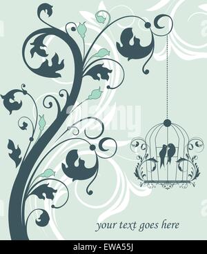 Blue swirly invitation card with cage Stock Vector