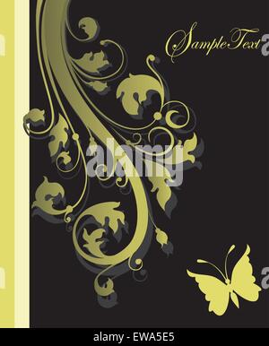 Vintage invitation card with ornate elegant retro abstract floral design, olive green flowers and leaves on black background Stock Vector