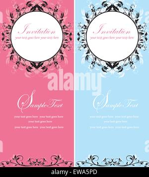 Set of two (2) vintage invitation card with ornate elegant retro abstract floral design, black flowers and leaves on pink blue Stock Vector