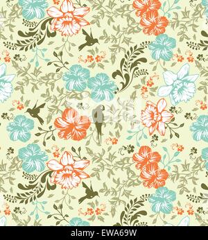 Vintage background with ornate elegant retro abstract floral design, multi-colored flowers and leaves with birds on light green Stock Vector