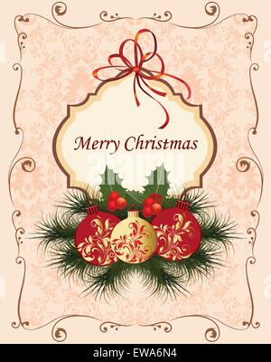 Vintage Christmas card with ornate elegant retro abstract floral design, balls with red and gold flowers and leaves on pale pink and beige background with ribbon ponsettia frame borders and plaque text label. Vector illustration. Stock Vector