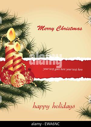 Vintage Christmas card with ornate elegant retro abstract floral design, striped candles with balls with red and gold flowers Stock Vector