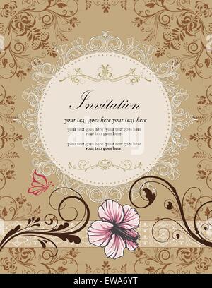 Vintage invitation card with ornate elegant retro abstract floral design, pink light brown and chocolate brown flowers Stock Vector