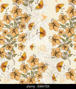 Vintage background with ornate elegant retro abstract floral design, orange flowers and green leaves on pale green background Stock Vector