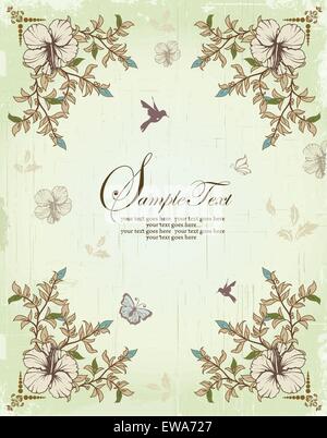 Vintage invitation card with ornate elegant retro abstract floral design, beige green light blue and light brown flowers and leaves on scratch textured light green background with birds and butterflies and text label. Vector illustration. Stock Vector