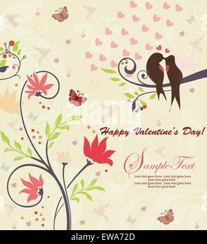 Vintage Valentine card with ornate elegant retro abstract floral design, red coral pink and bright green flowers and leaves on pale yellow background with hearts butterflies birds and text label. Vector illustration. Stock Vector