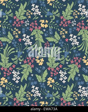 Vintage background with ornate elegant retro abstract floral design, multi-colored flowers and leaves on dark teal blue green Stock Vector