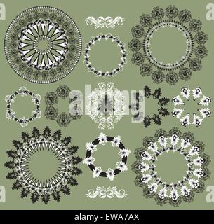 Vintage background elements with ornate elegant retro abstract circular floral design, black and white flowers and leaves Stock Vector