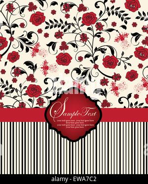 Vintage invitation card with ornate elegant retro abstract floral design, red and black roses flowers and leaves on cream white Stock Vector