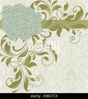 Vintage background with ornate elegant retro abstract floral design, manatee blue and olive green flowers and leaves on faded Stock Vector