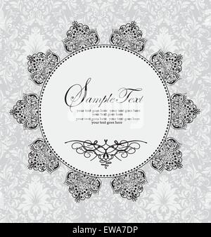Vintage invitation card with ornate elegant retro abstract floral design, black radial flowers and leaves on faded green Stock Vector