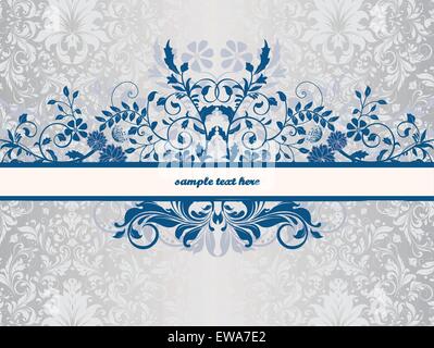 Vintage invitation card with ornate elegant retro abstract floral design, persian blue flowers and leaves on shiny silver Stock Vector