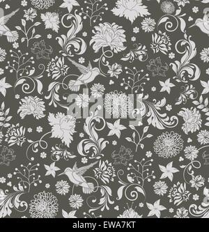 Vintage background with ornate elegant retro abstract floral design, light gray flowers and leaves with birds on dark gray Stock Vector