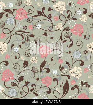 Vintage background with ornate elegant retro abstract floral design, multi-colored flowers and leaves on laurel green. Vector illustration. Stock Vector