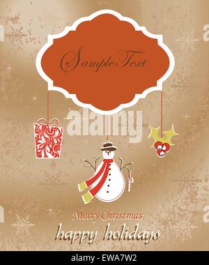 Vintage Christmas card with ornate elegant retro abstract floral design, stars snowflakes snowman ponsettia and gift with white Stock Vector