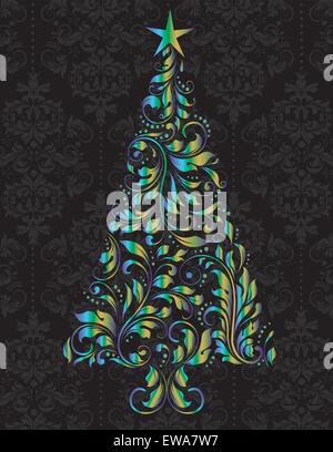 Vintage Christmas card with ornate elegant retro abstract floral design, tree with shiny multi-colored flowers and leaves on dark chocolate brown and black background. Vector illustration. Stock Vector