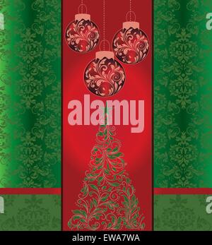 Vintage Christmas card with ornate elegant retro abstract floral design, shiny red and green flowers and leaves with balls and tree on red and green background with ribbon. Vector illustration. Stock Vector