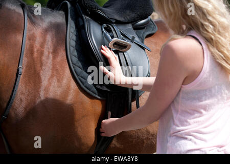 A young woman checking the girth on a horses saddle Stock Photo