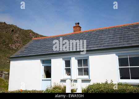 Photovoltaic roof tiles on building, Kynance Cove, Lizard Peninsula, Cornwall, England, UK Stock Photo