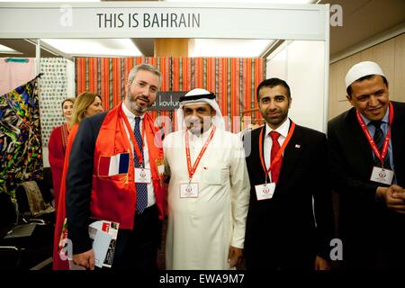 France, Paris, 'This is Bahrain' religious freedom delegation, exhibition and conference. (L ) Rabbi Moshe, 'Hassen Chalghoumi, Imam of the Drancy Mosque. This is Bahrain', delegation, a multi-faith group of Bahrainis and expatriates, set up to highlight religious tolerance in Bahrain and promote understanding between cultures and faiths, is the brainchild of the Bahrain Federation of Expatriate Associations (BFEA). Paris, FRANCE - 16/06/2015. Stock Photo