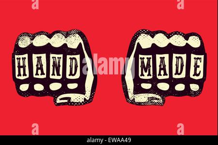 metal brass knuckles, knuckle duster with hand made sign stamped, handcrafted product sign or label Stock Vector