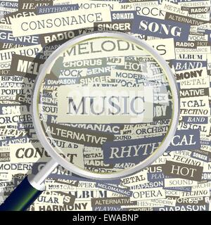 MUSIC. Concept related words in tag cloud. Conceptual info-text graphic. Word collage. Stock Vector