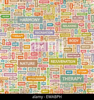 SPA. Seamless pattern. Concept related words in tag cloud. Conceptual info-text graphic. Word collage. Stock Vector