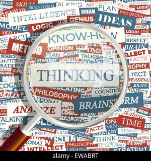 THINKING. Concept related words in tag cloud. Conceptual info-text graphic. Word collage. Stock Vector