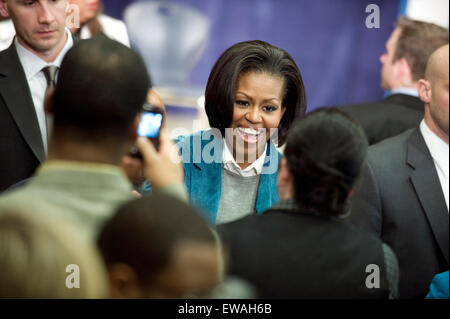 US First Lady Michelle Obama delivers speech on her initiative on childhood obesity in Philadelphia, Pa Feb. 19 2010. Stock Photo