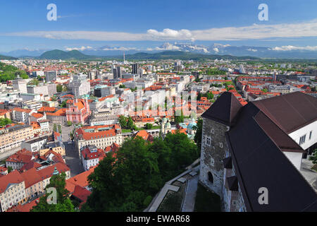 Panoramic view of Slovenian capital Ljubljana with Ljubljanas castle in the foreground Stock Photo