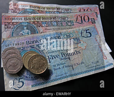 Northern Irish £5, £10 notes and pound coins, legal tender from the Bank Of Ireland  Belfast