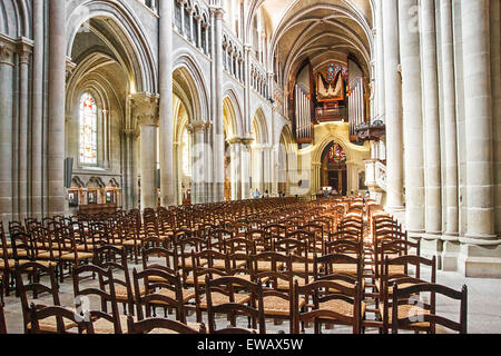 LAUSANNE, SWITZERLAND - MAY 8, 2013: The Cathedral of Notre Dame (Lausanne) hall interior and sanctuary Stock Photo