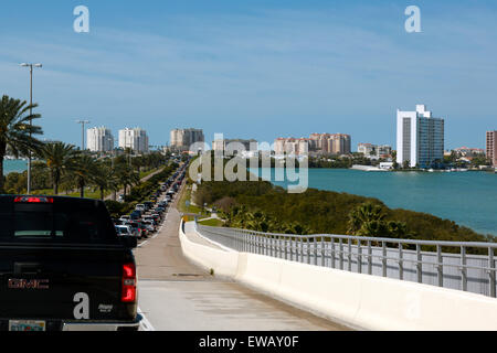 Heavy traffic along the Clearwater Memorial Causeway to Clearwater Beach Florida USA Stock Photo