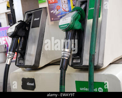 unleaded petrol and diesel fuel pumps at a self service petrol station in the UK Stock Photo