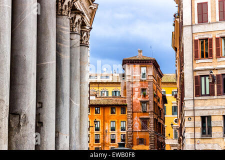 Windows of historical building and columns of Pantheon in the center of Rome Stock Photo