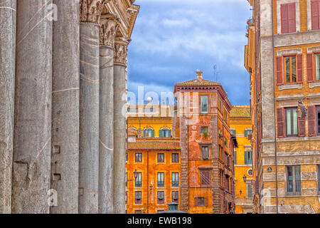 Windows of historical building and columns of Pantheon in the center of Rome Stock Photo
