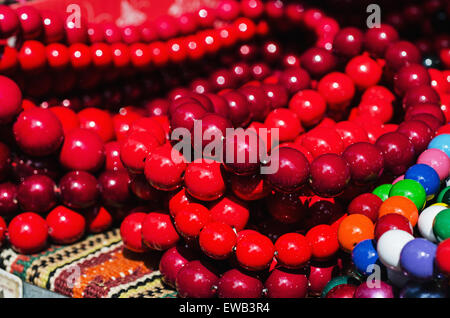 Wooden colored beads on display on the market in Zakopane, Poland