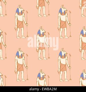 Sketch Anubis in vintage style, vector seamless pattern Stock Vector