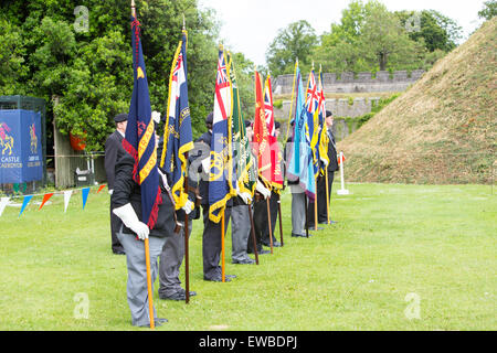 Cardiff, UK. 22nd June, 2015. The Lord Mayor of Cardiff, the Lord Lieutenant of South Glamorgan, representatives from the armed forces, cadets and veterans participated in a flag raising ceremony at Cardiff Castle today. The event is a part of Armed Forces Week. Shenkin, the mascot goat of The Royal Regiment of Wales, was also in attendance as a specially commissioned flag was handed from along a relay of representatives, including, serving soldiers, an air cadet, a veteran and a soldier dressed in a First World War uniform. Credit:  Chris Stevenson/Alamy Live News Stock Photo