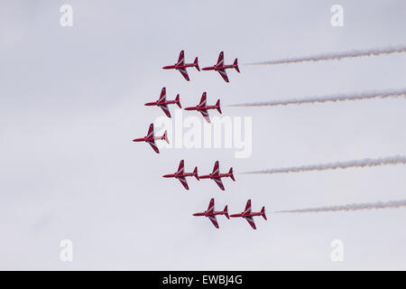 The Red Arrows at RAF Cosford Airshow 2015 doing their display for the crowds at the airshow. Stock Photo