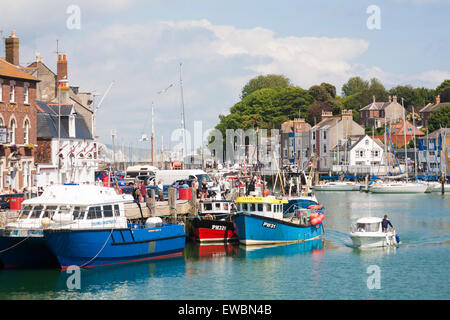 Boats moored along harbourside at Weymouth harbour, Weymouth quay at Weymouth, Dorset UK in June Stock Photo