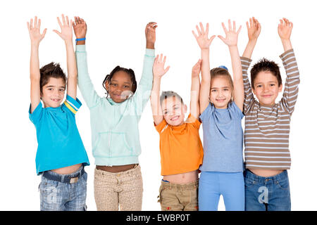 Group of children posing with raised hands isolated in white Stock Photo