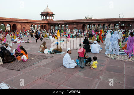 Traditional Iftar (fast-breaking) at Jama Masjid during Ramadan. Old Delhi, India. Stock Photo