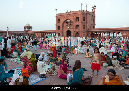 Traditional Iftar (fast-breaking) at Jama Masjid during Ramadan. Old Delhi, India. Stock Photo