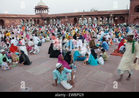 Traditional Iftar (fast-breaking) at Jama Masjid during Ramadan. Old Delhi, India. Stock Photo